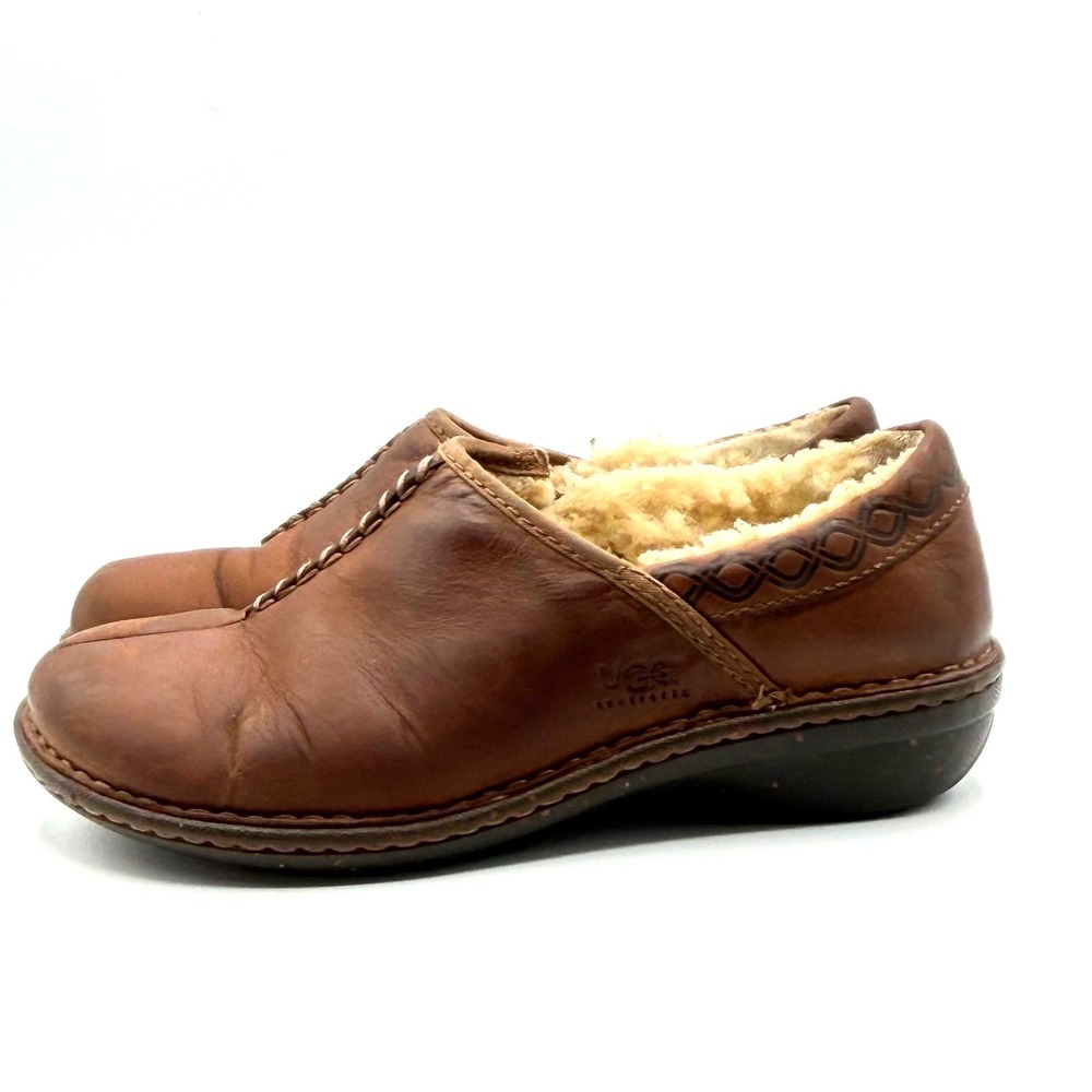 UGG Bettey Leather Clogs Womens 6 Brown Shearling Lined Mules Cozy Fall Celtic - Picture 3 of 12